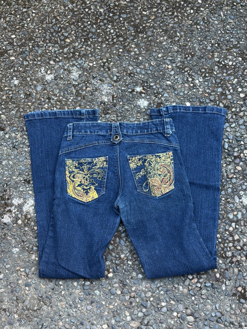 Vintage Women Jeans Boot Cut - Dark Blue with Yellow Embroidered Pockets